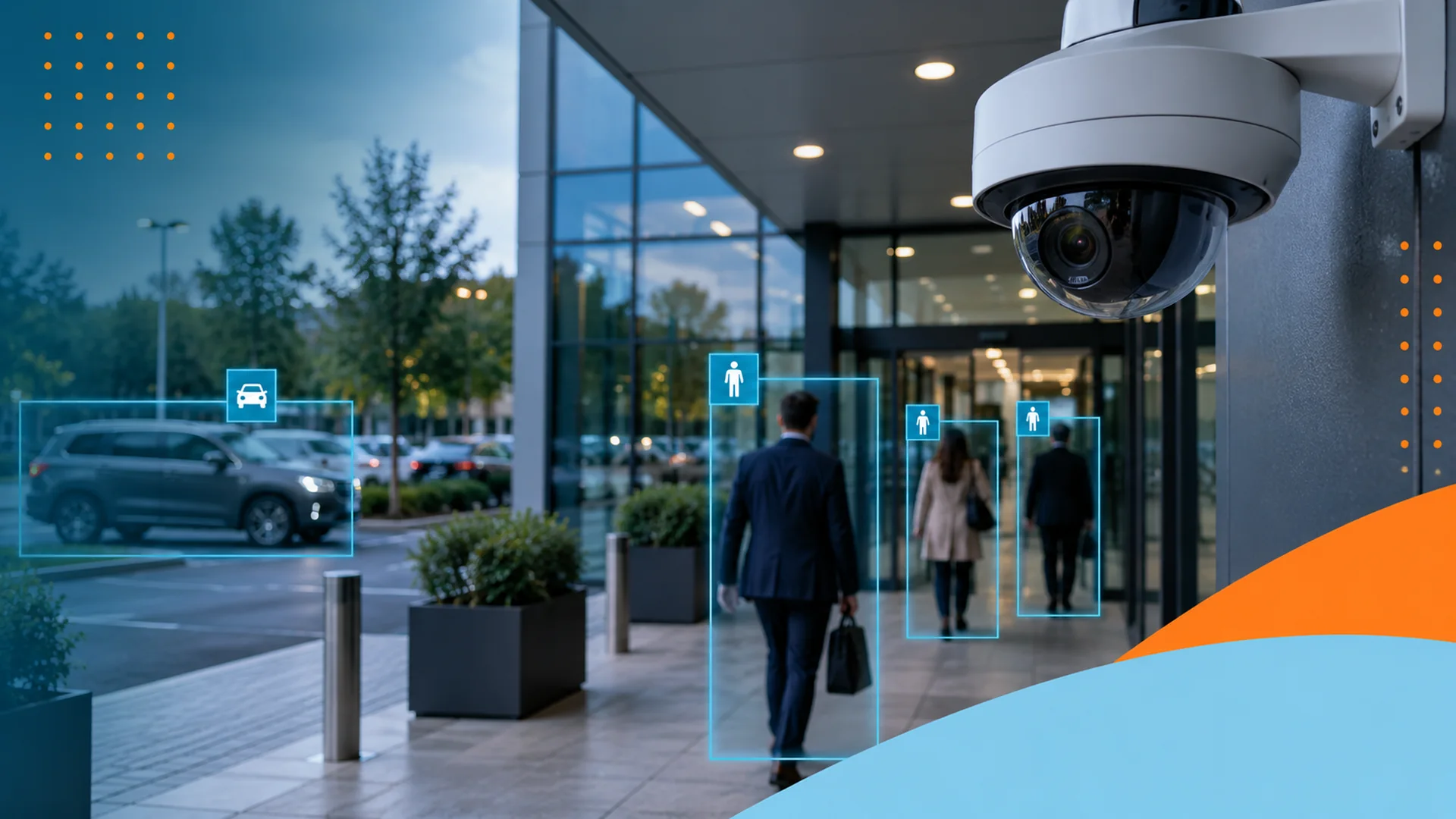 AI-enabled CCTV camera monitoring people and vehicles outside a modern commercial building using intelligent video analytics.