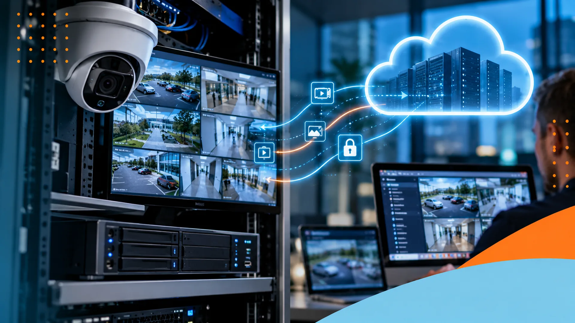 CCTV system showing local edge video storage connected securely to cloud-based monitoring and remote video access
