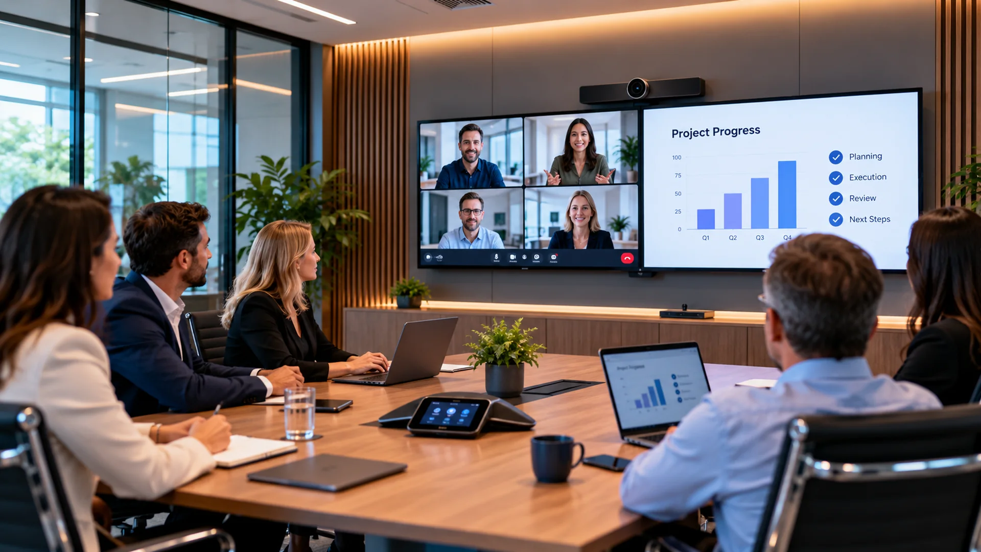 Hybrid meeting room with staff collaborating around a conference table while remote participants join on large wall-mounted video displays.