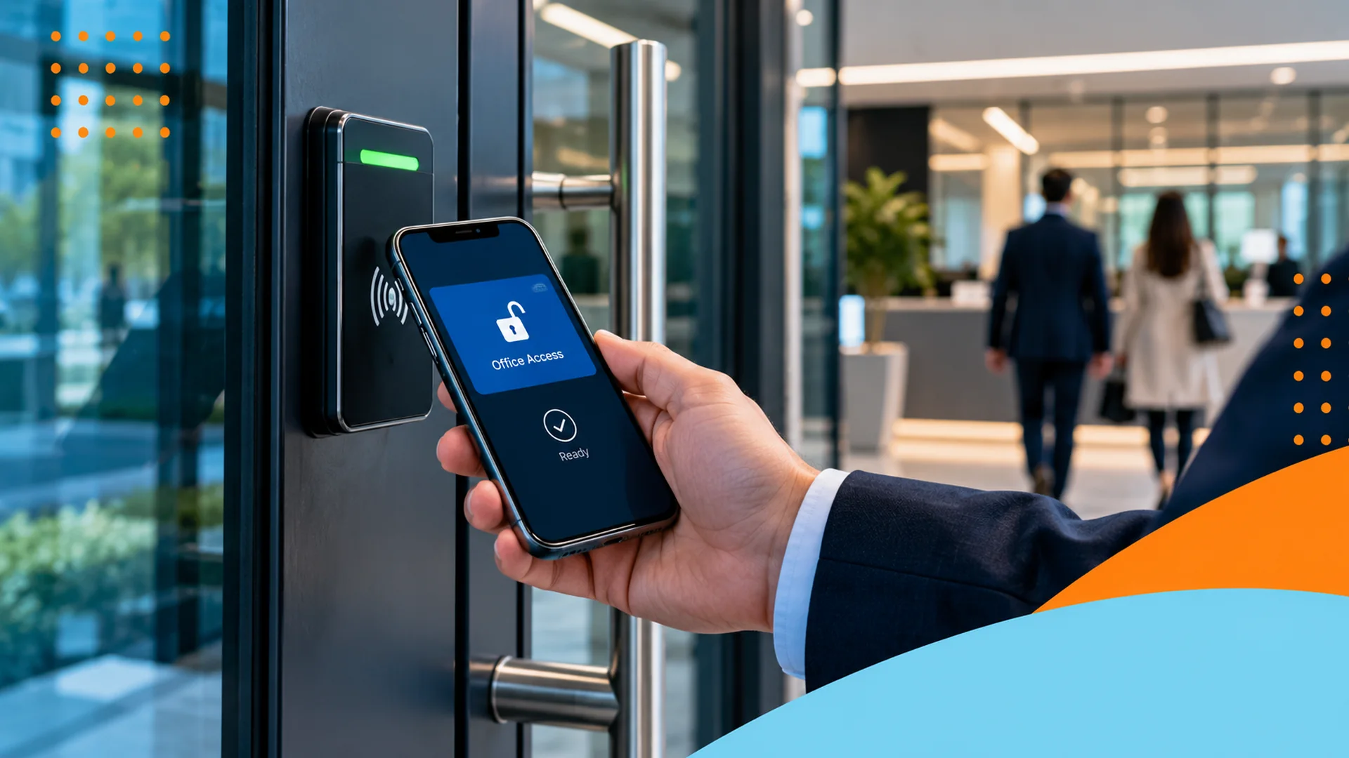 Business user presenting a smartphone mobile credential to an office access control reader at a modern commercial entrance.