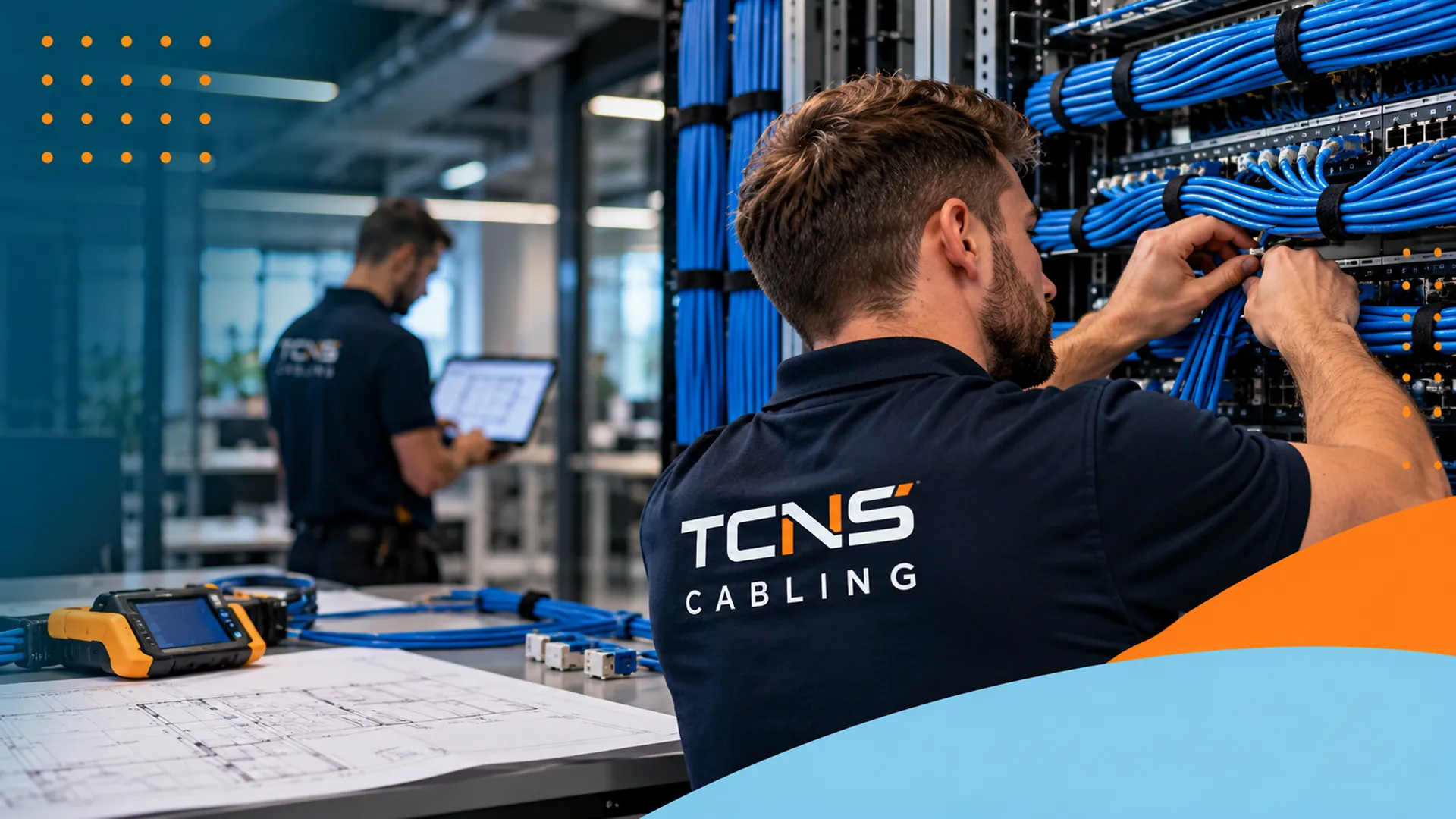 TCNS Cabling engineer testing and organising structured network cabling in a communications rack with labelled blue data cables and test equipment.