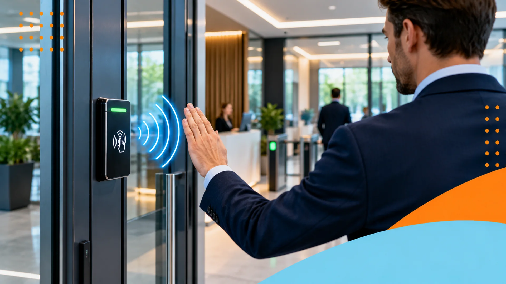 Business user operating a touchless access control reader at the entrance to a modern commercial building.
